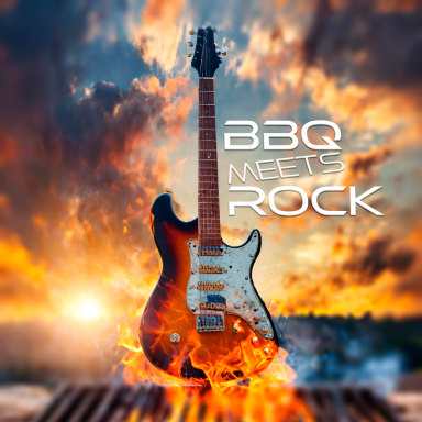 E-Gitarre vor dramatischem Sonnenuntergang mit Flammen und Grillmotiv.