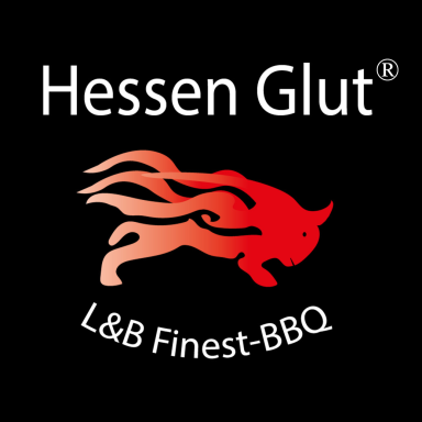 Logo mit rotem Stier und Flammen, Schriftzug "Hessen Glut" und "L&B Finest-BBQ".